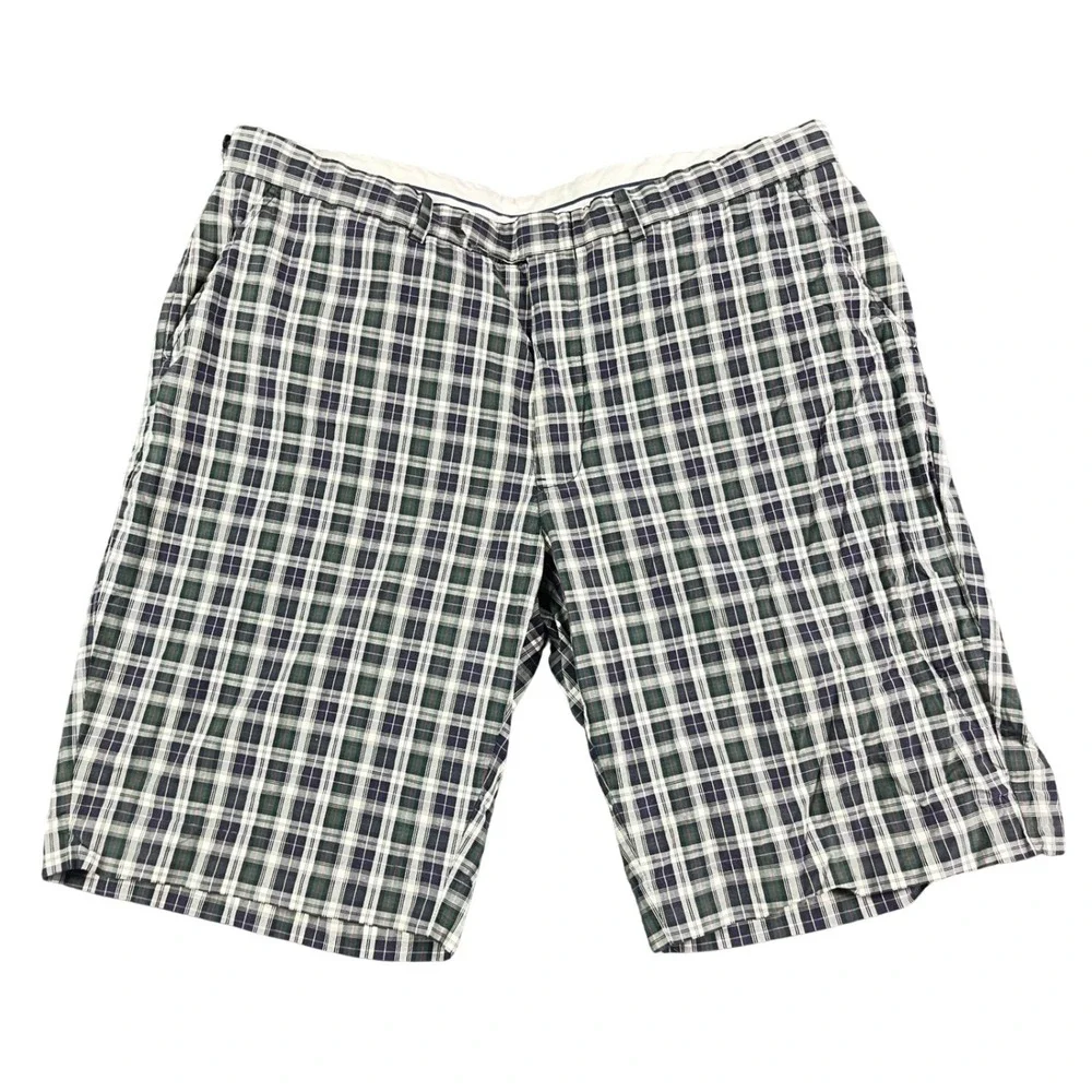 Polo Ralph Lauren Mens Green Navy Plaid Cotton Flat Front Shorts Size 40